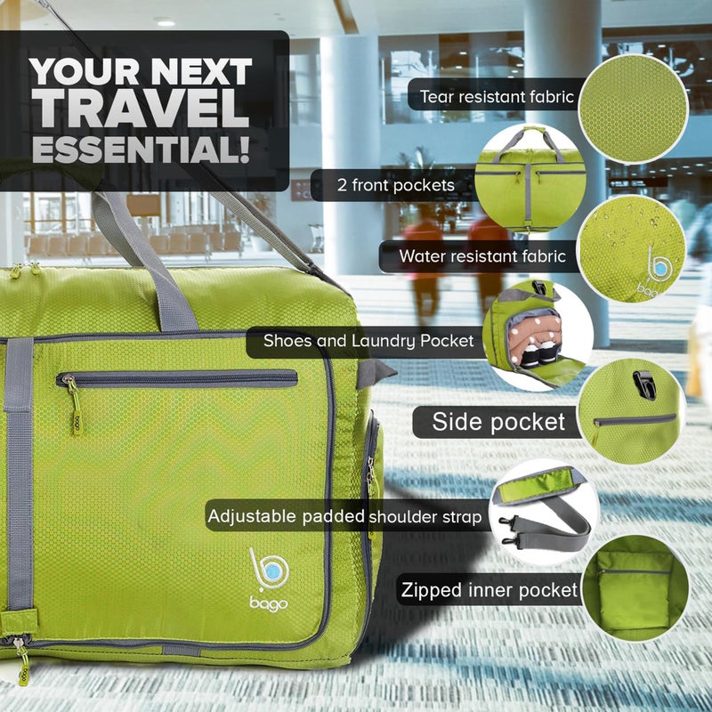 Bago Large Foldable Duffel Bags for Traveling Women & Men - 80L Packable Duffle Bag for Travel with Shoe Compartment - Water Repellant, Heavy Duty, Lightweight Folding & Collapsible (Green) - Image 2